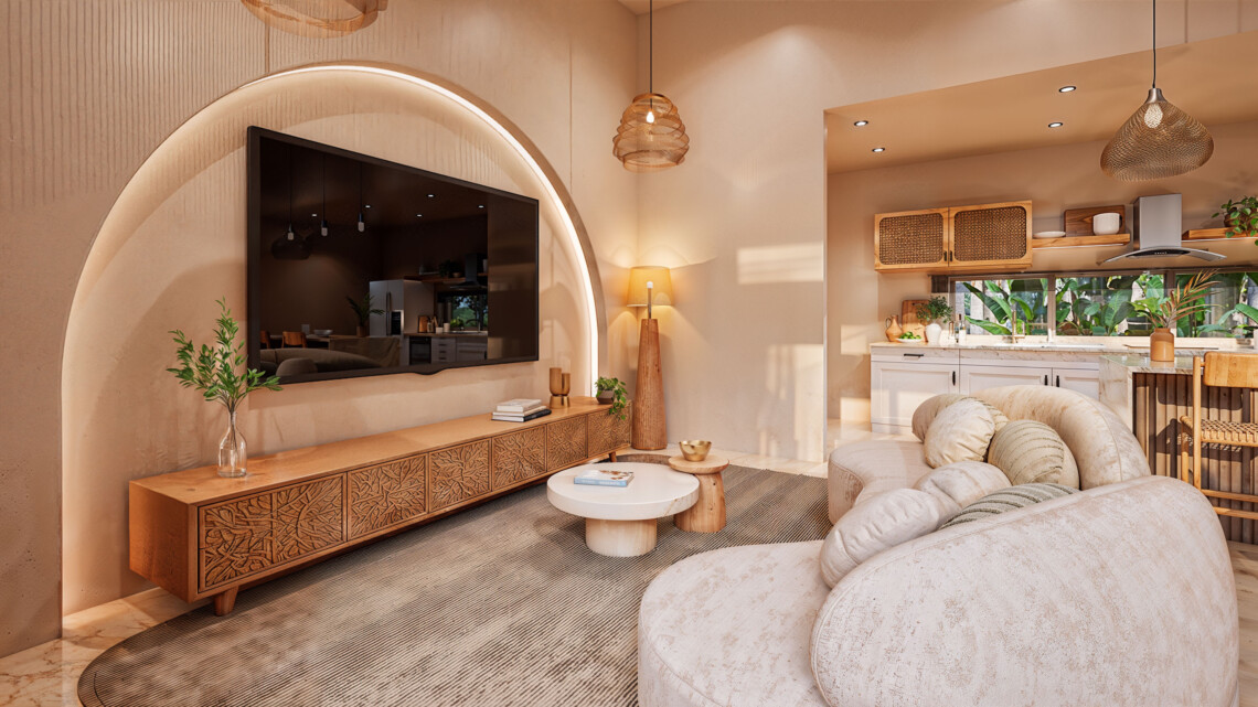 Living room with curved sofa and arched television wall