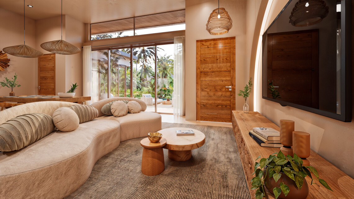Living room facing the glazed doors to the pool terrace