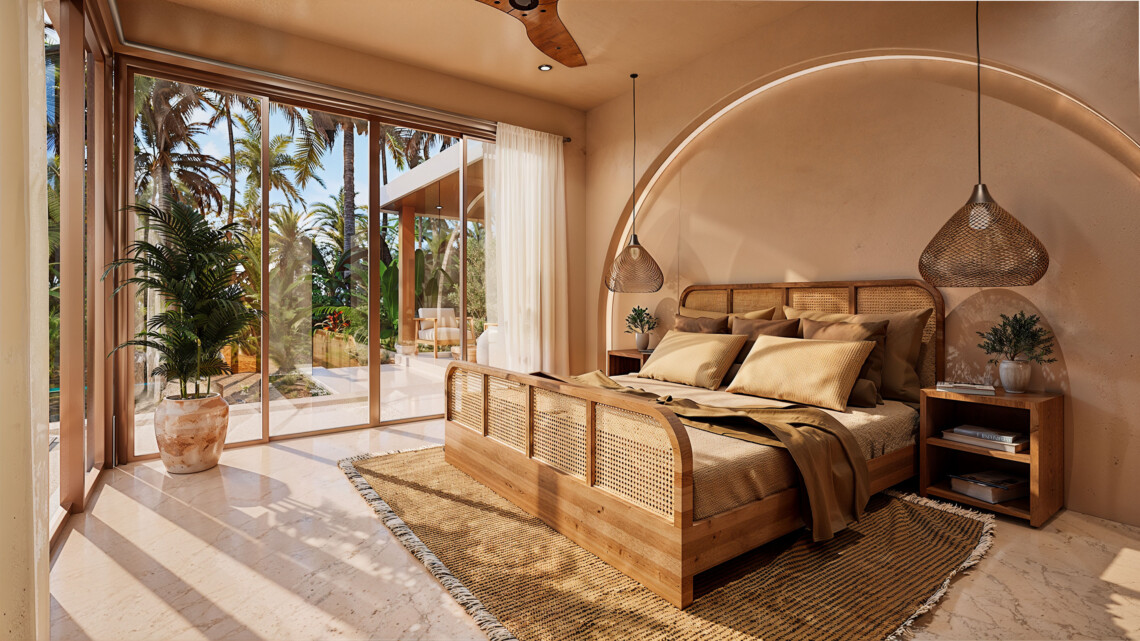 Bedroom render with large glazed doors and a curved illuminated headboard