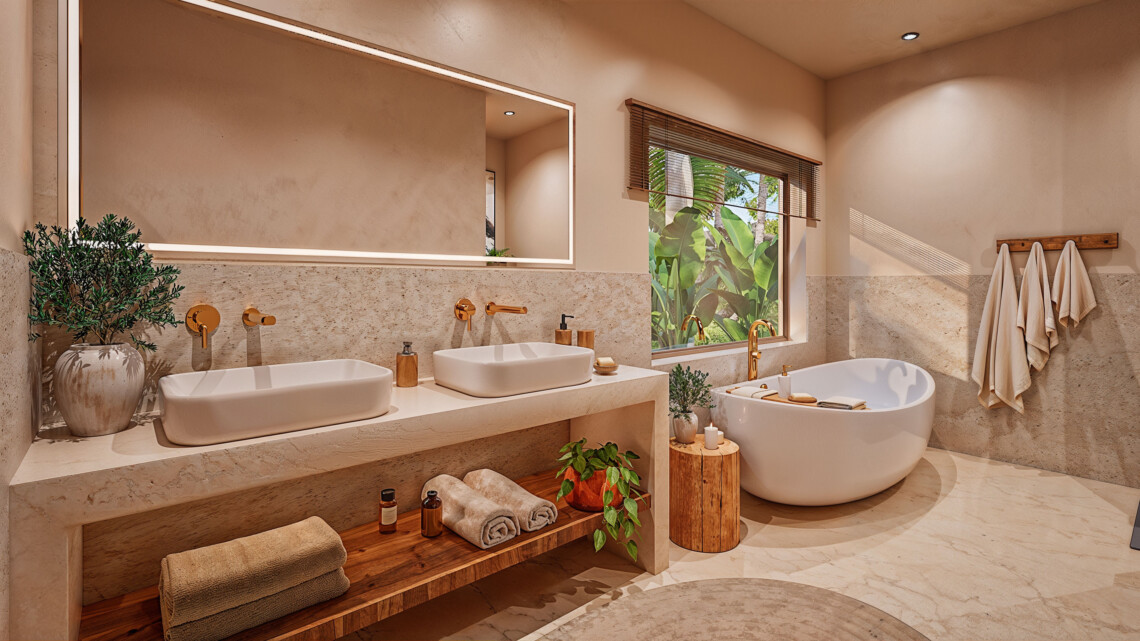 Bathroom with twin basins and a freestanding bathtub