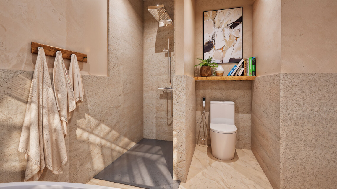 Walk-in shower and toilet in the main bathroom