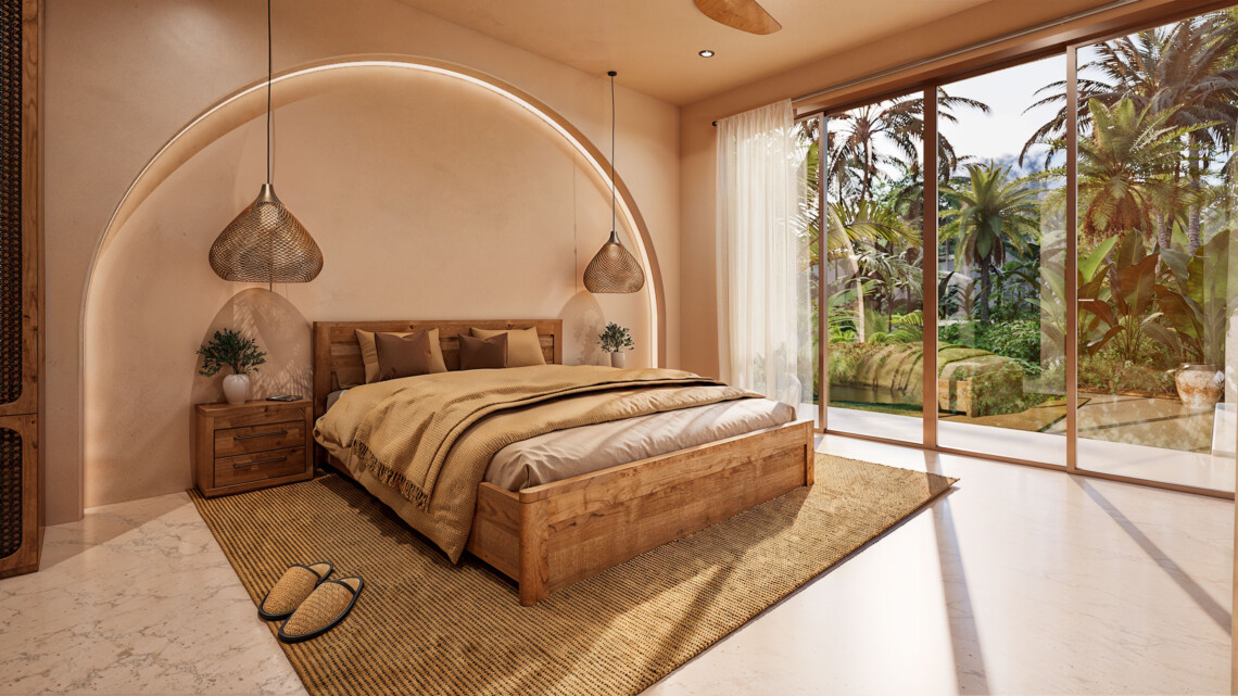 Second bedroom with glazed terrace doors and an illuminated arched headboard