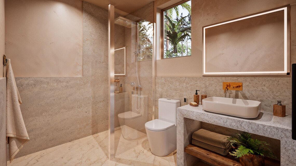 Second bathroom with single basin, toilet and walk-in shower