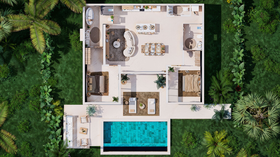 Overhead architectural render of the two-bedroom villa layout and private pool