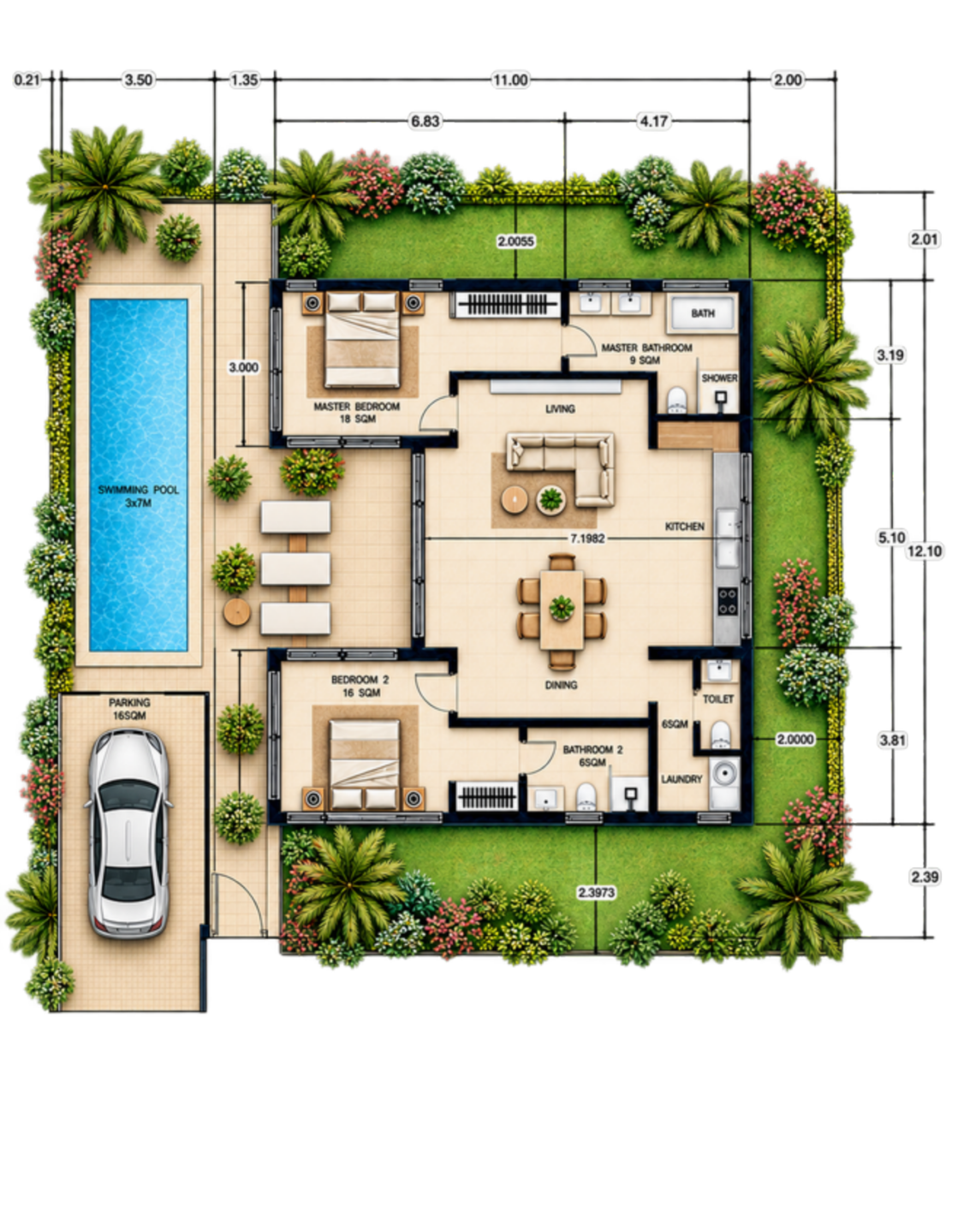 two-bedroom floor plan with two bathrooms and a separate guest toilet
