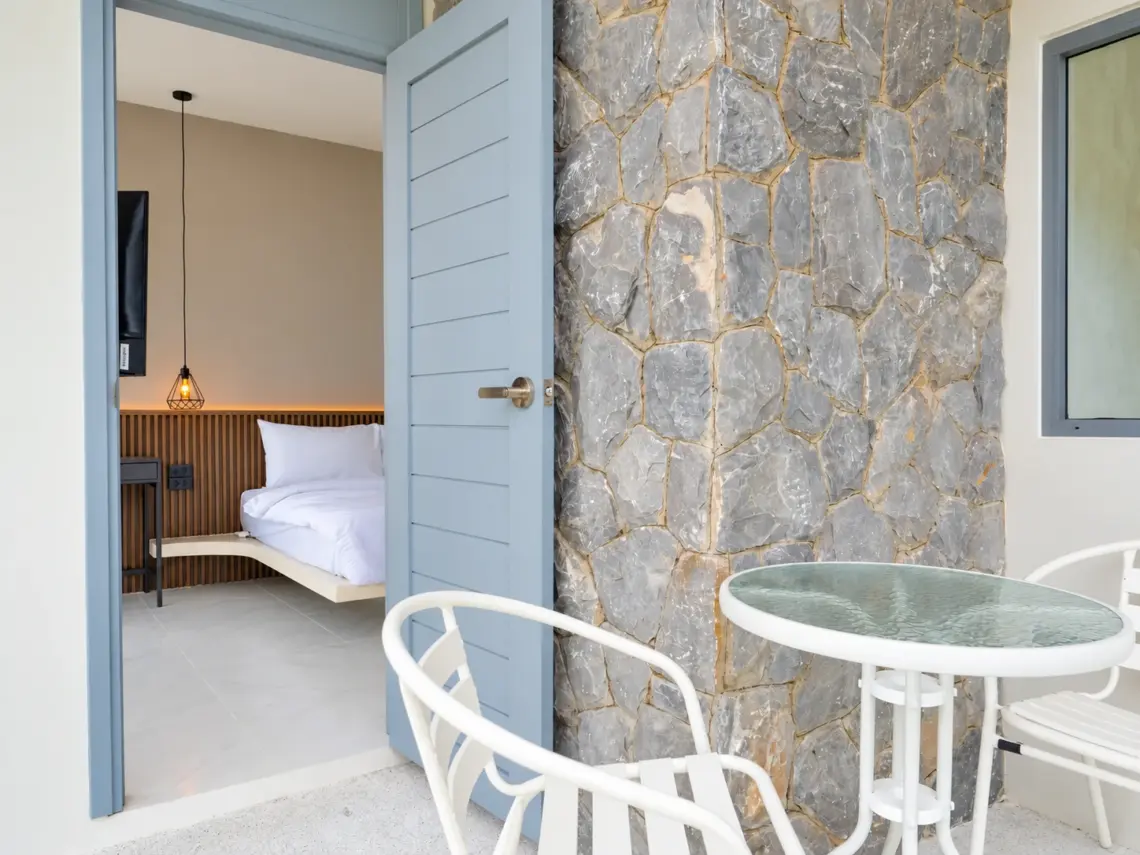 Balcony seating at a completed showcase duplex villa in Bo Phut, Koh Samui