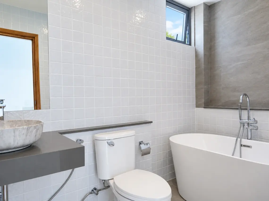 Bathroom bathtub at a completed showcase duplex villa in Bo Phut, Koh Samui