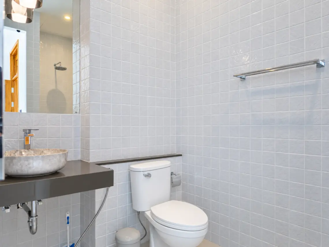 Bathroom shower at a completed showcase duplex villa in Bo Phut, Koh Samui