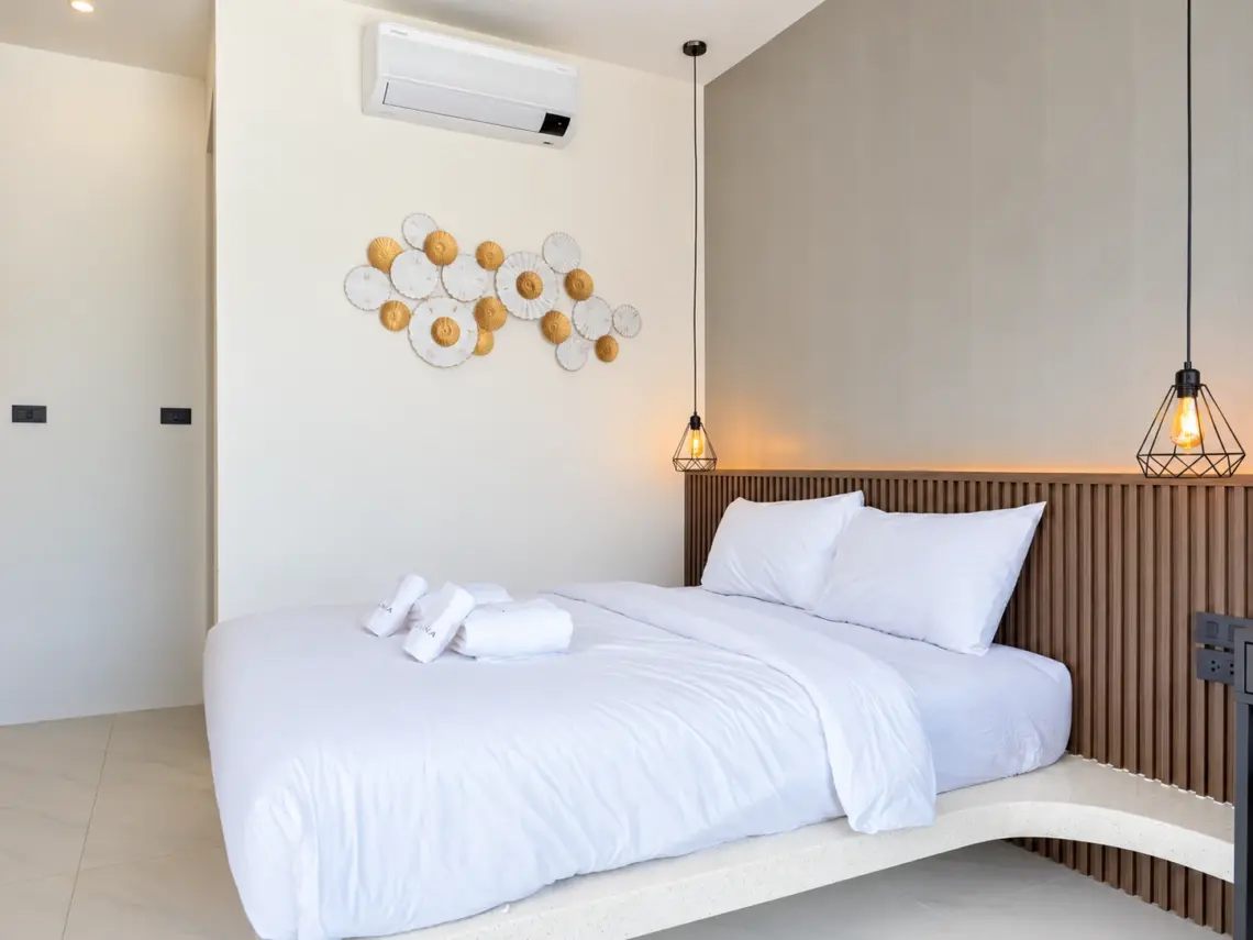 Bedroom aircon at a completed showcase duplex villa in Bo Phut, Koh Samui