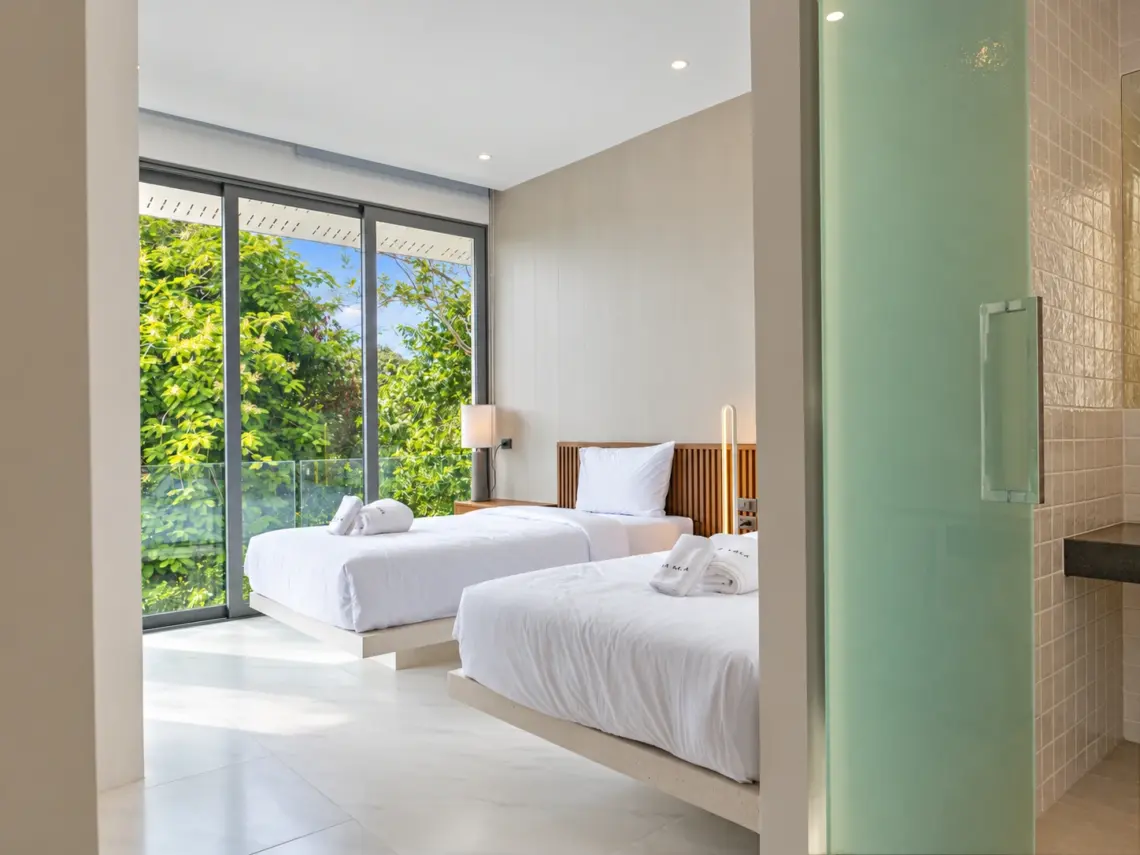 Bedroom glazing at a completed showcase duplex villa in Bo Phut, Koh Samui