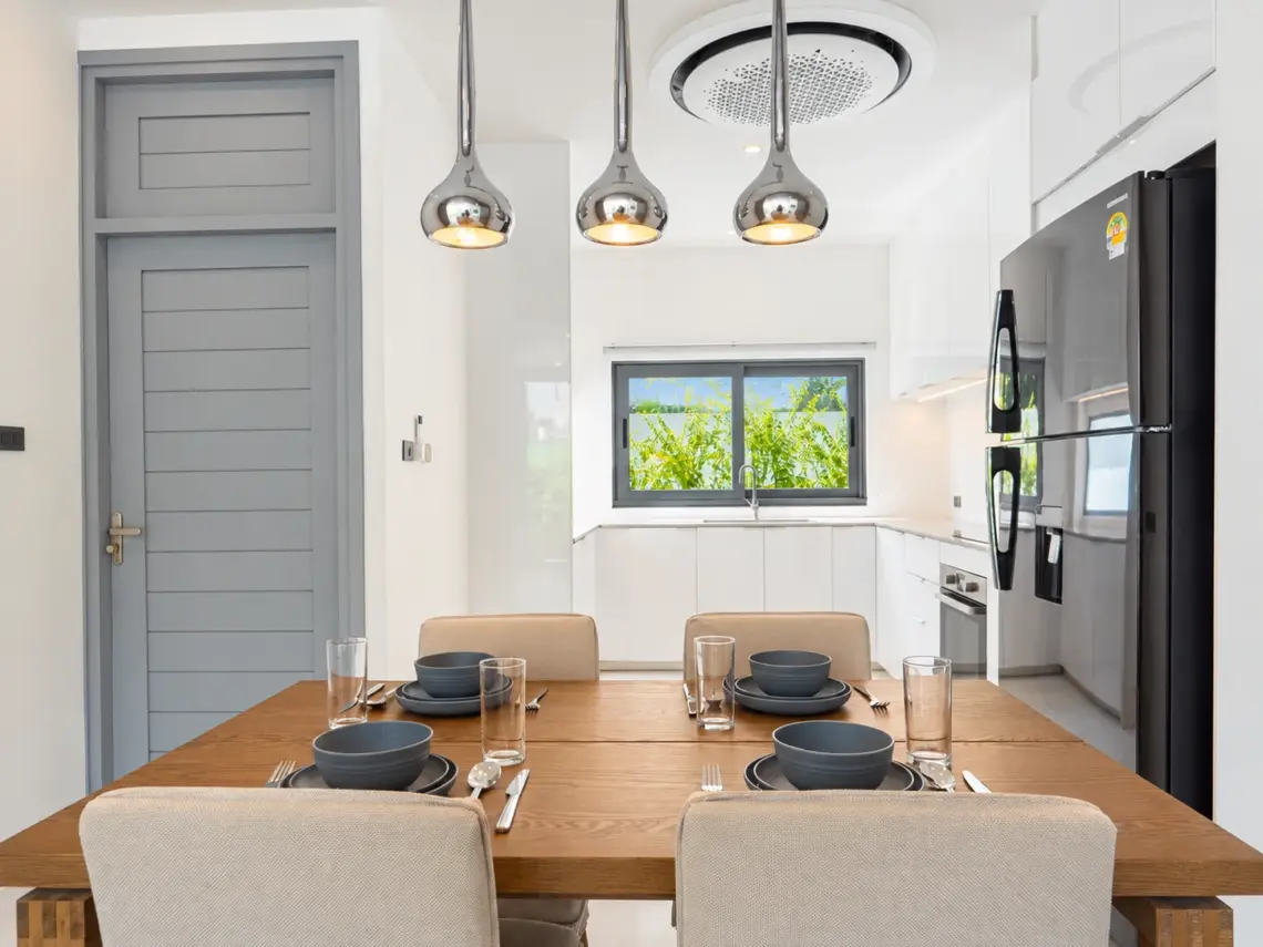 Dining kitchen at a completed showcase duplex villa in Bo Phut, Koh Samui