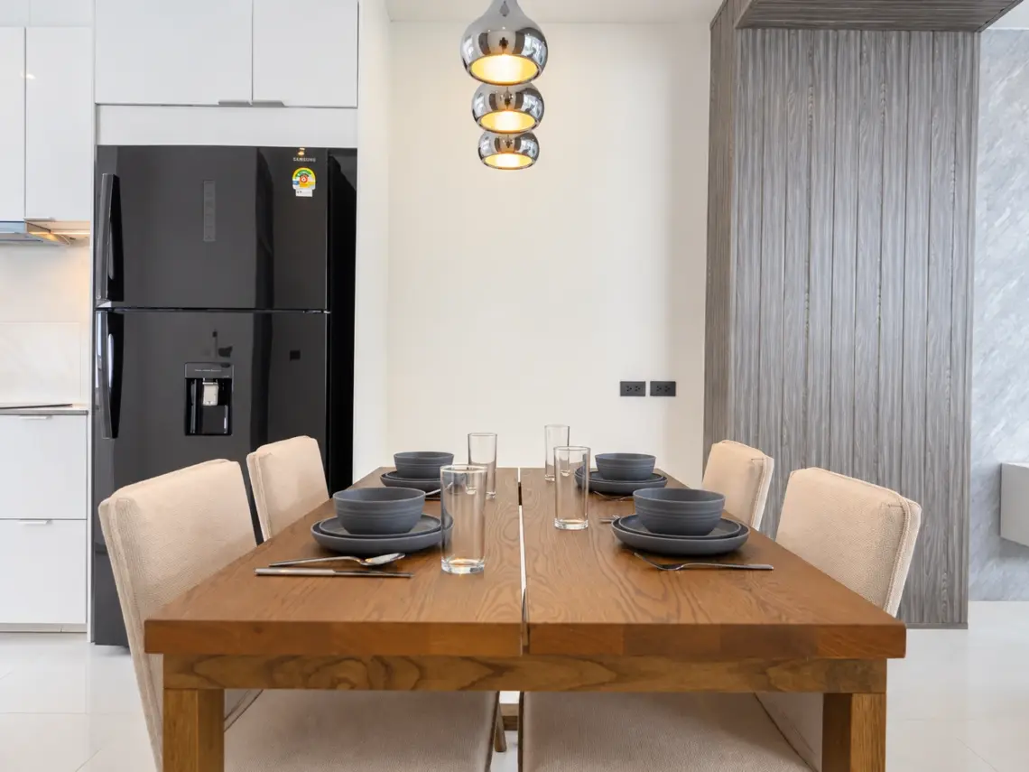 Dining table at a completed showcase duplex villa in Bo Phut, Koh Samui