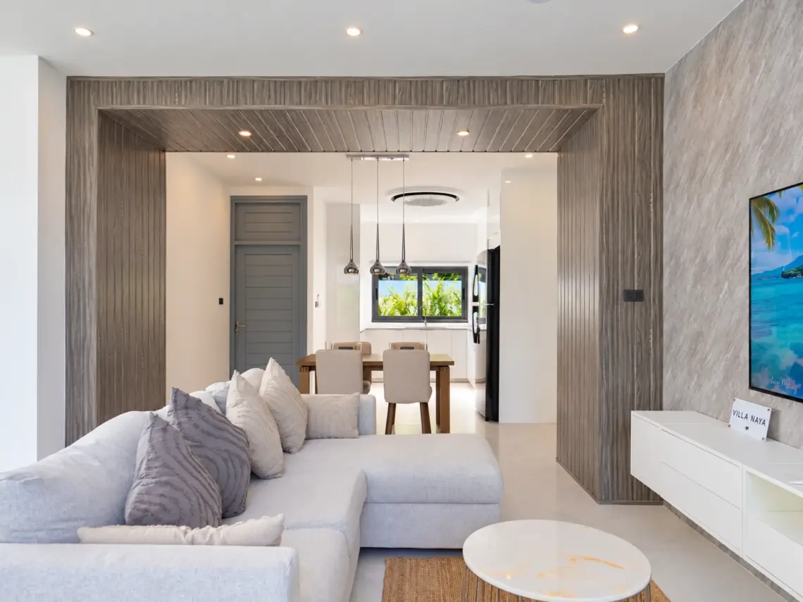 Living dining at a completed showcase duplex villa in Bo Phut, Koh Samui