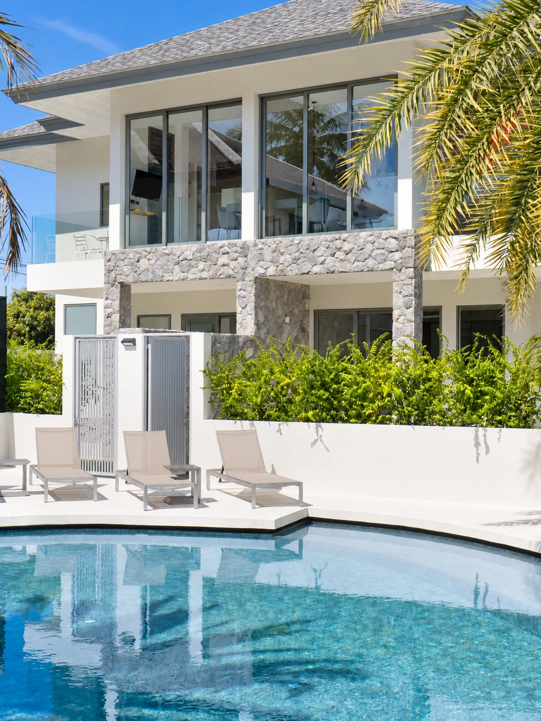 Pool balconies at a completed showcase duplex villa in Bo Phut, Koh Samui