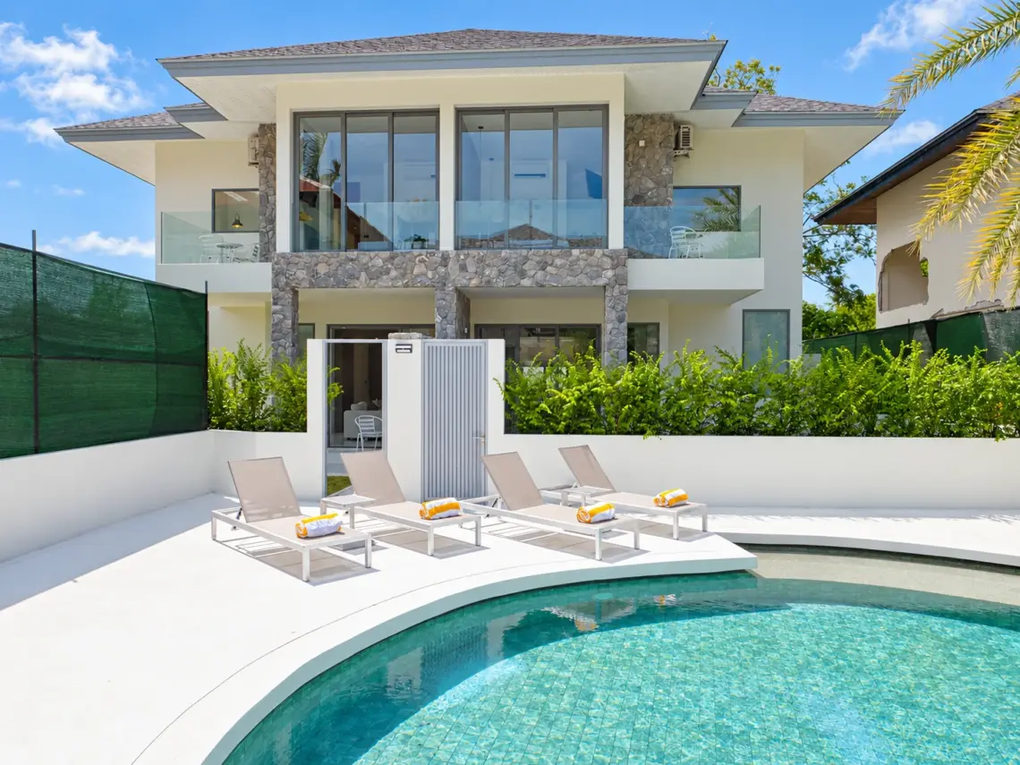 Pool exterior at a completed showcase duplex villa in Bo Phut, Koh Samui