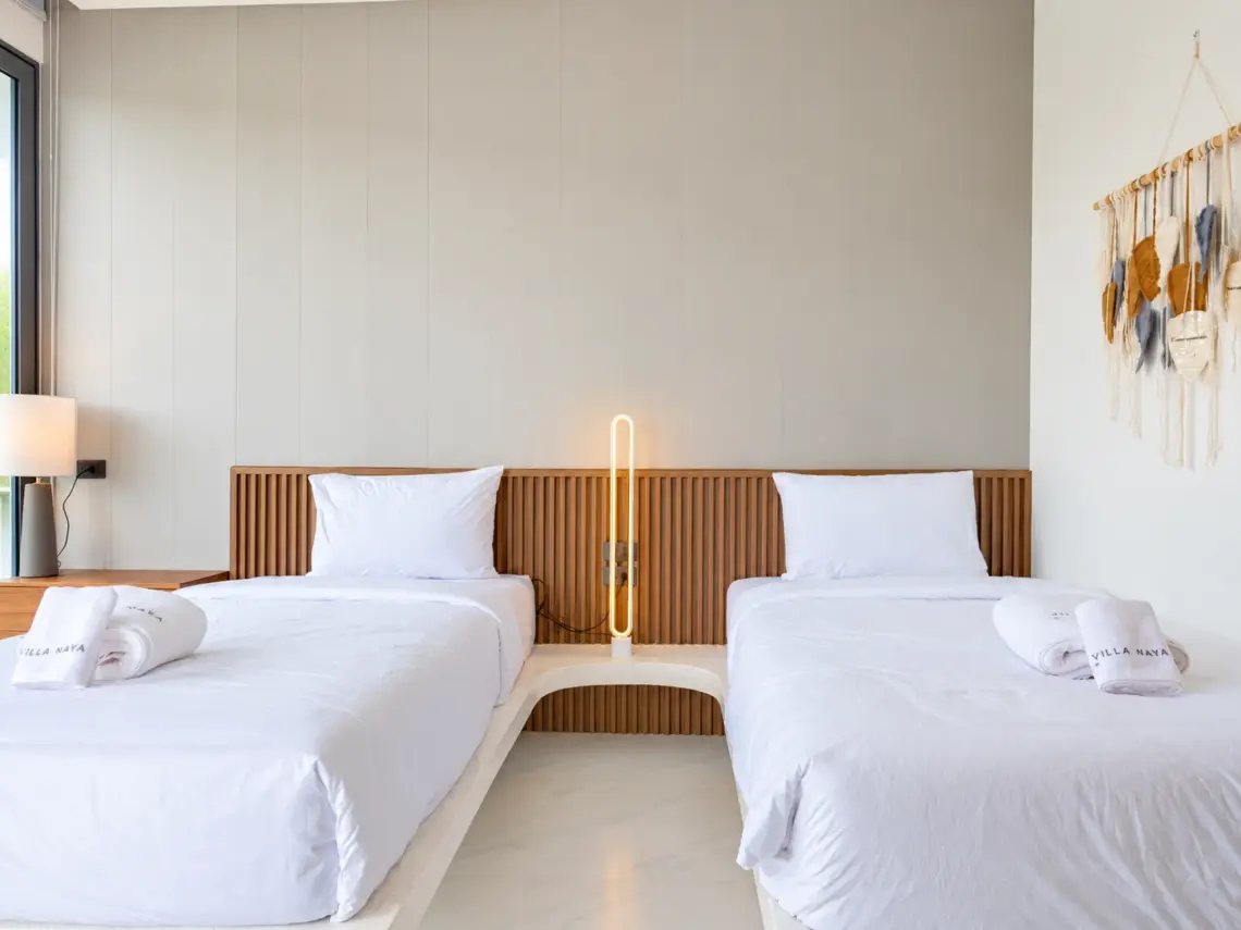Twin bedroom 1 at a completed showcase duplex villa in Bo Phut, Koh Samui