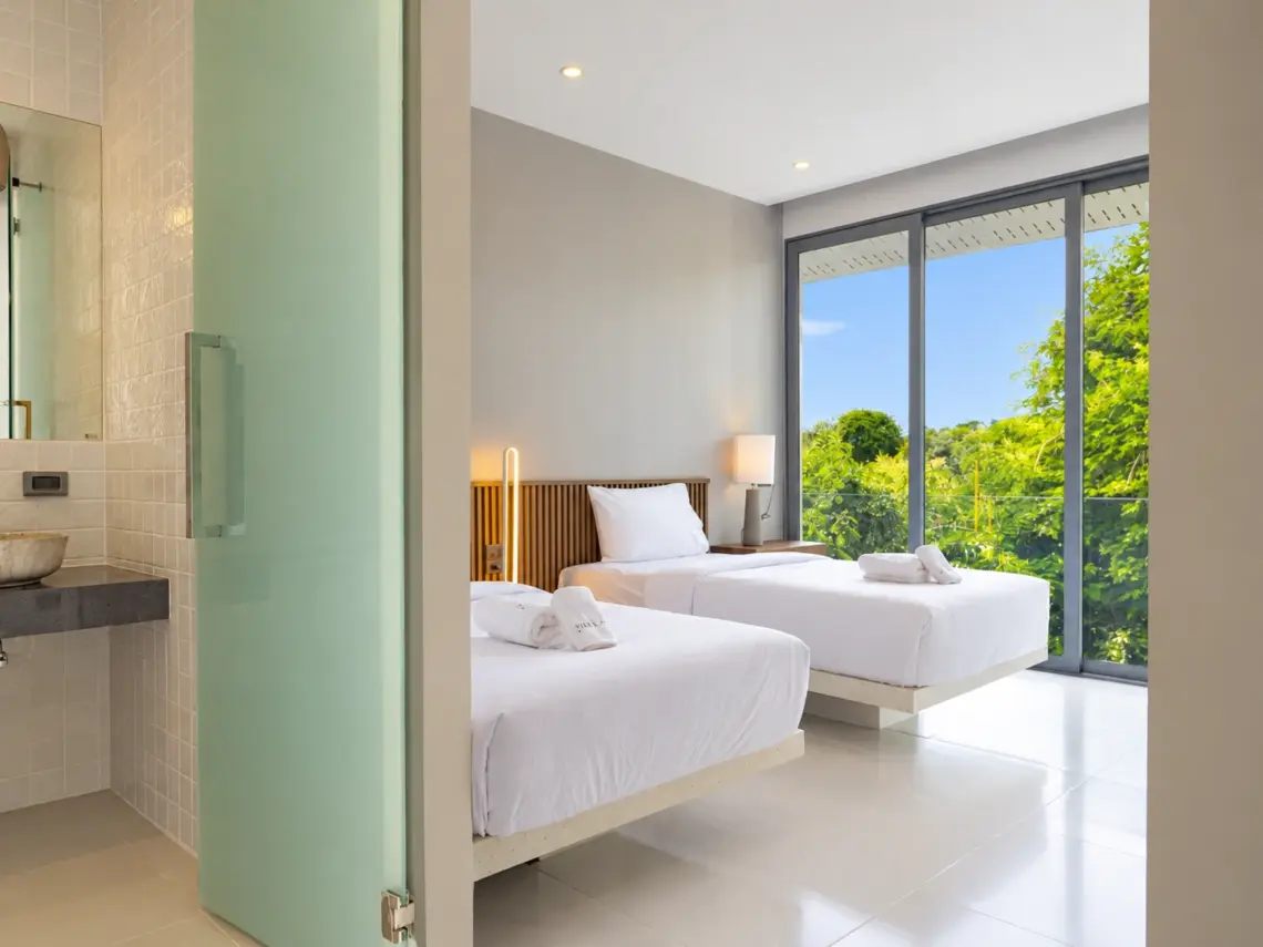 Twin bedroom ensuite at a completed showcase duplex villa in Bo Phut, Koh Samui