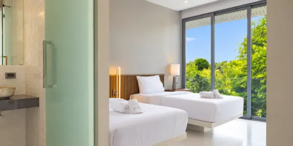 Twin bedroom ensuite at a completed showcase duplex villa in Bo Phut, Koh Samui