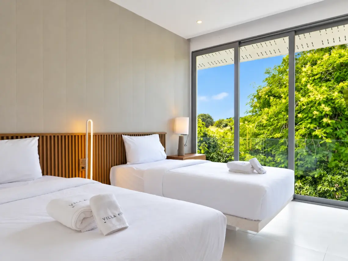 Twin bedroom garden at a completed showcase duplex villa in Bo Phut, Koh Samui