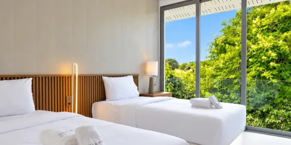 Twin bedroom garden at a completed showcase duplex villa in Bo Phut, Koh Samui