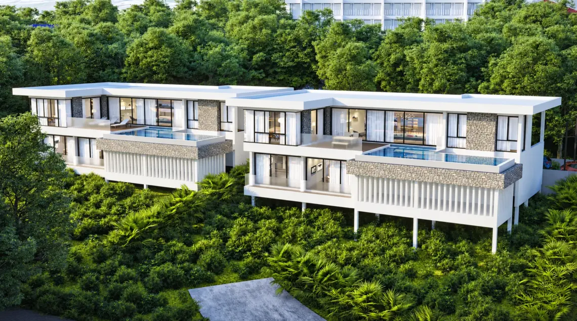 Two-storey villas exterior architectural render in Plai Laem, Koh Samui