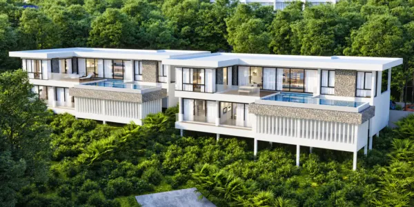 Two-storey villas exterior architectural render in Plai Laem, Koh Samui