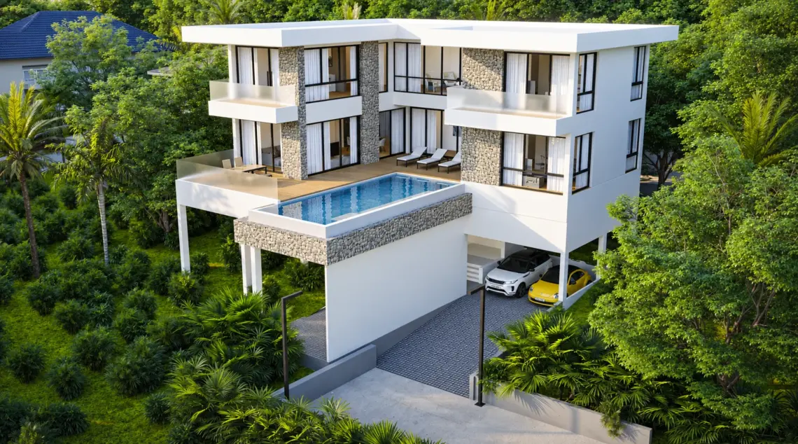 Villa E exterior architectural render in Plai Laem, Koh Samui