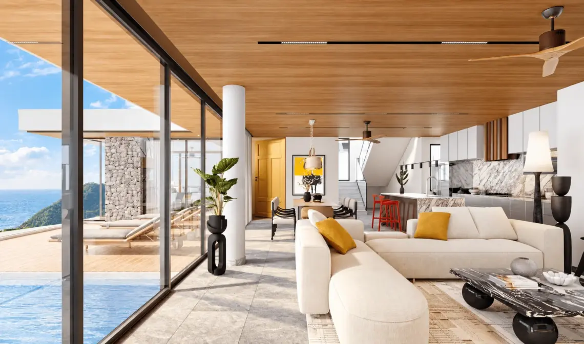 Living room architectural render in Plai Laem, Koh Samui