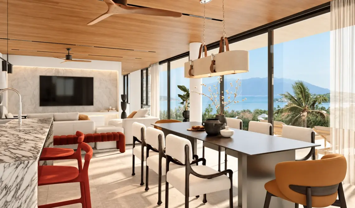 Kitchen and dining area architectural render in Plai Laem, Koh Samui