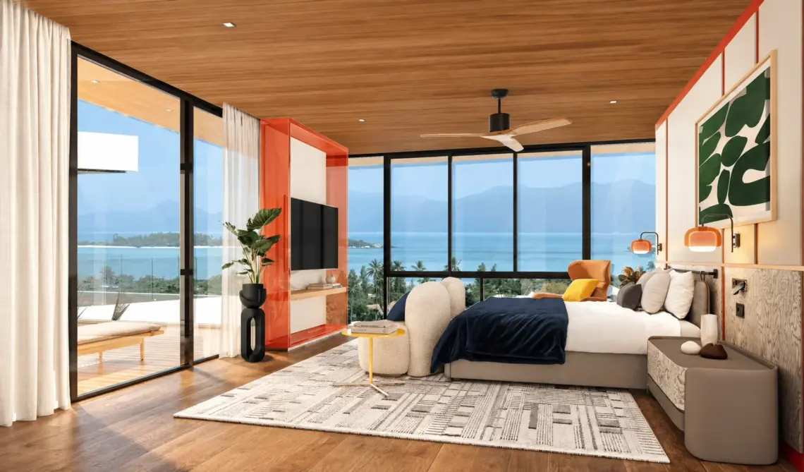 Bedroom with navy throw architectural render in Plai Laem, Koh Samui