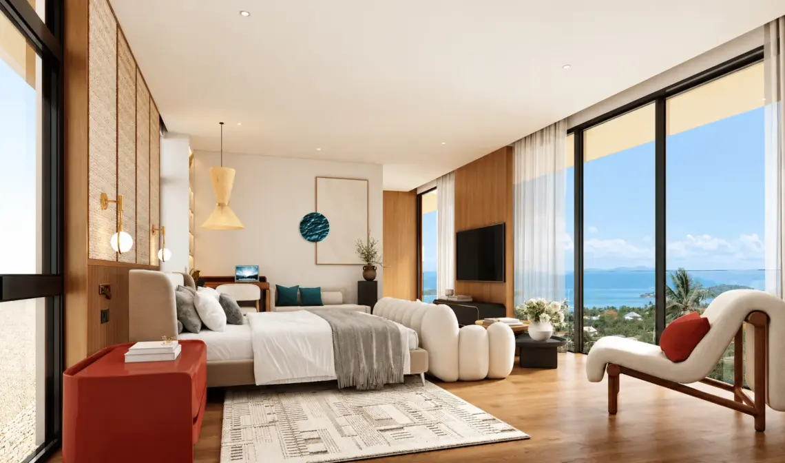 Bedroom with terrace architectural render in Plai Laem, Koh Samui