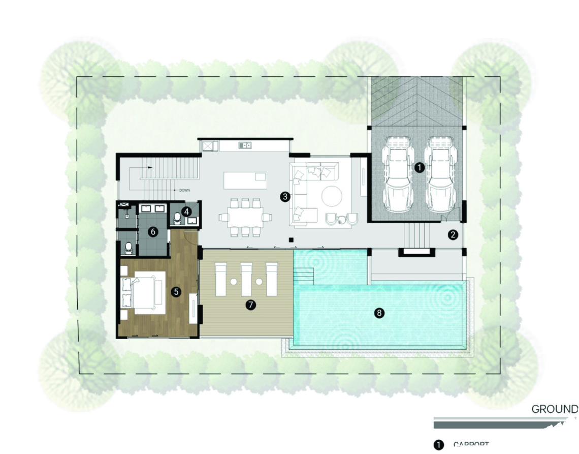 Villa F1 ground floor plan in Plai Laem, Koh Samui