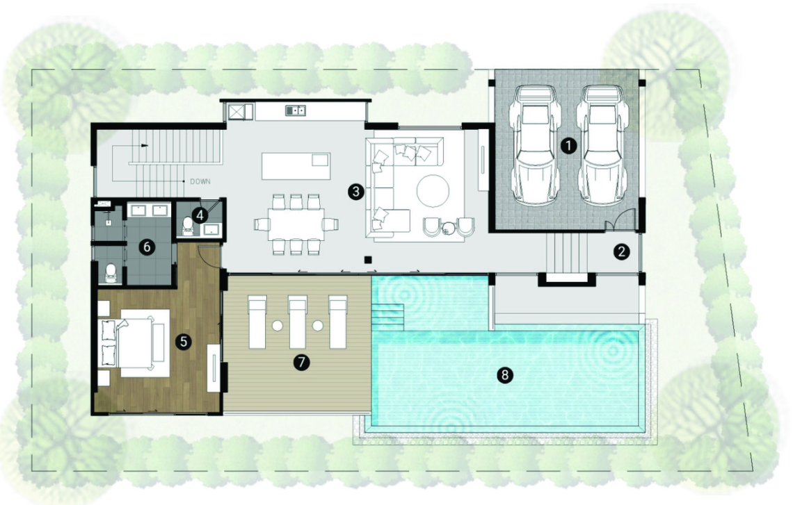 Villa F2 ground floor plan in Plai Laem, Koh Samui