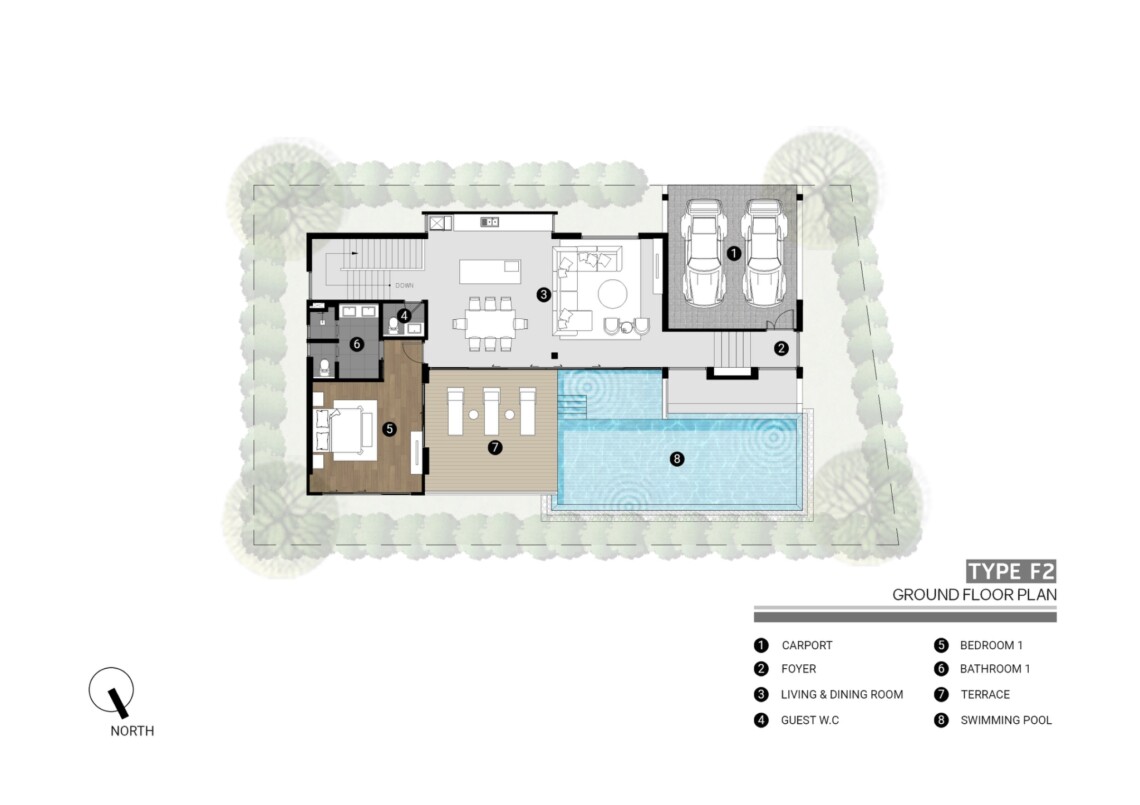 Villa F2 – Ground floor plan in Plai Laem, Koh Samui