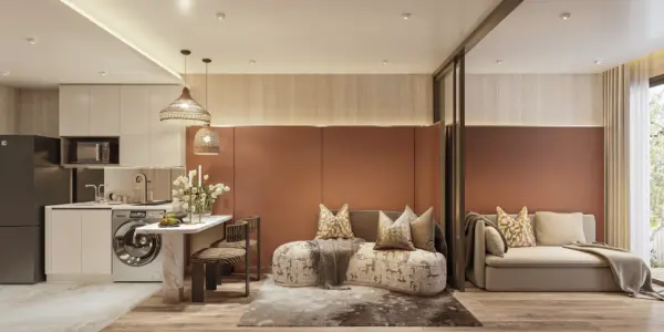 Artist’s impression: 1 bedroom living area at condos near Fisherman’s Village, Koh Samui