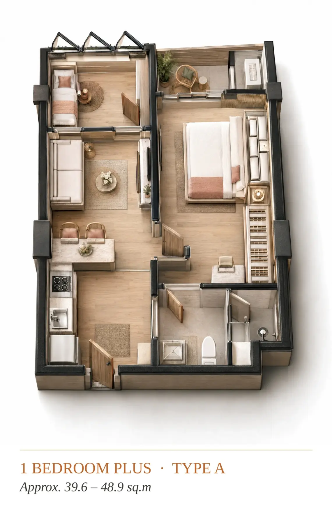 Indicative 1 bedroom Plus floor plan with separate bedroom and flexible extra room