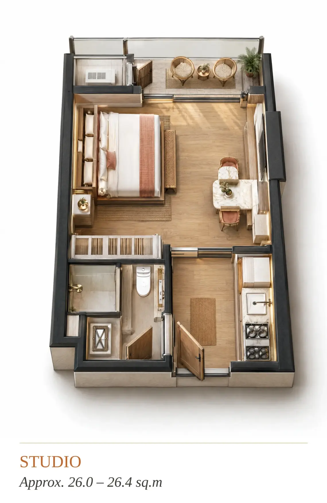 Indicative studio condo floor plan with open sleeping and living area, pantry and bathroom