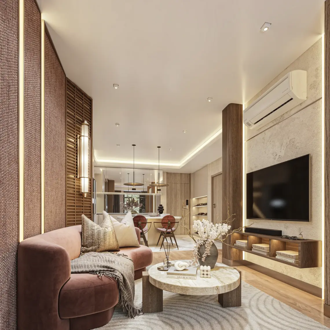 Artist’s impression: 2 bedroom living area at condos near Fisherman’s Village, Koh Samui
