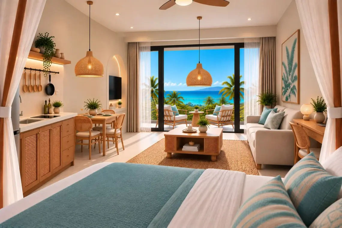 Architectural render of the furnished studio apartment interior in Lamai with kitchenette, living area and sea-view balcony.
