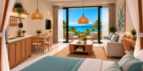 Architectural render of the furnished studio apartment interior in Lamai with kitchenette, living area and sea-view balcony.