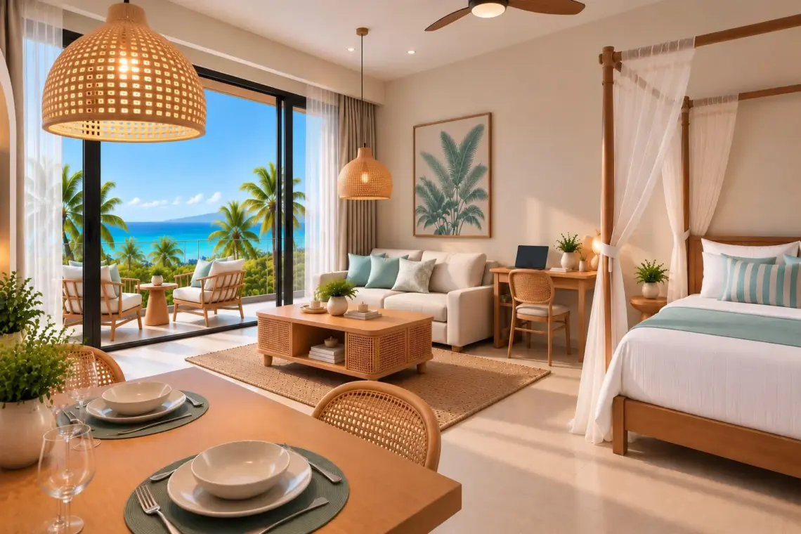 Architectural render of the studio apartment’s living and sleeping areas with dining table and sea-view balcony.