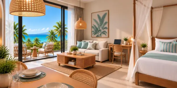 Architectural render of the studio apartment’s living and sleeping areas with dining table and sea-view balcony.