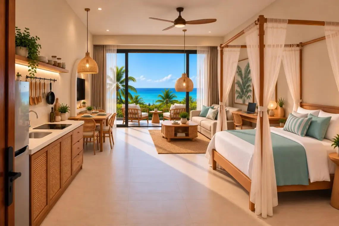 Architectural render of the studio apartment’s open-plan interior, showing the kitchenette, dining area and sleeping area.