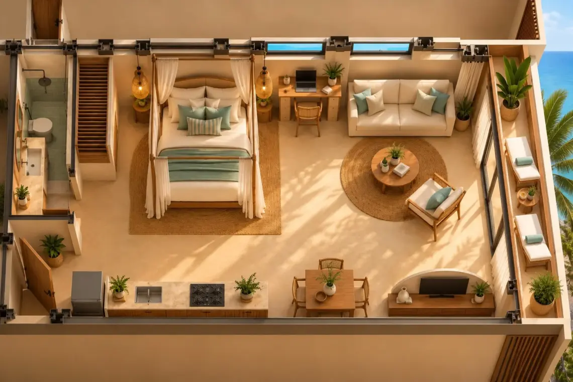 Overhead architectural render showing the proposed studio apartment layout with kitchenette, living and sleeping areas, bathroom and balcony.