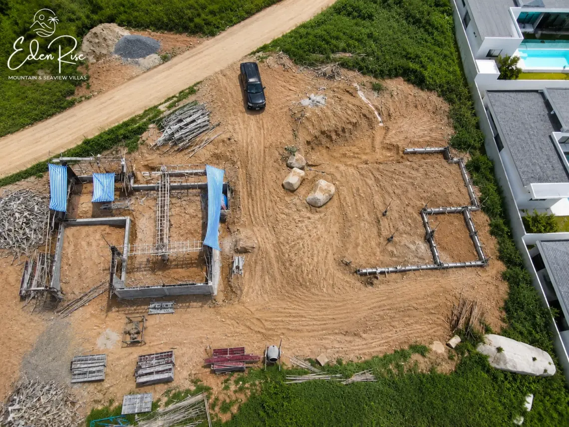 Eden Rise villa construction update labelled July 1st, showing an aerial site overview.