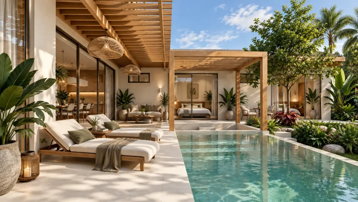 Architectural render of the covered poolside terrace at a proposed 3 bedroom villa in Bo Phut, Koh Samui
