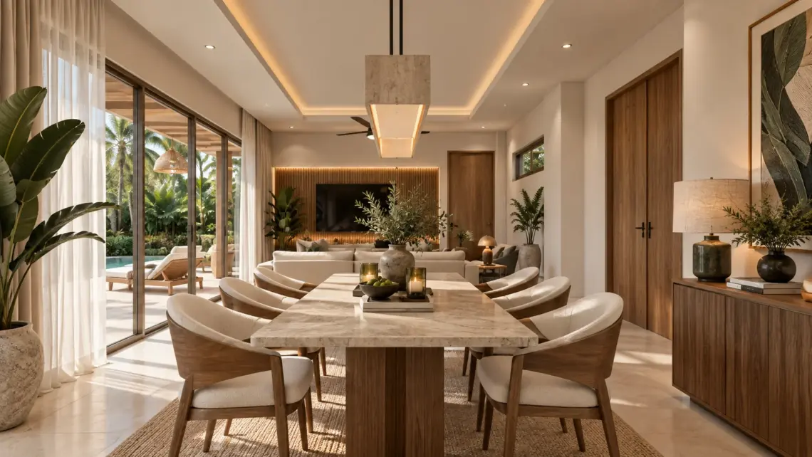 Architectural render of the dining room at a proposed 3 bedroom villa in Bo Phut, Koh Samui