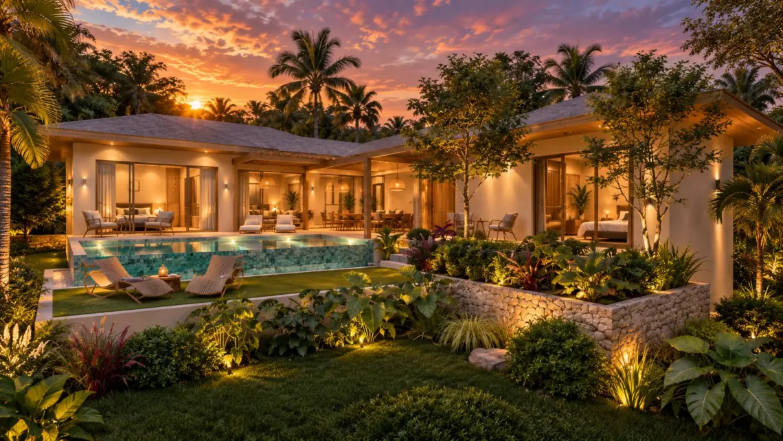 Architectural render of the proposed villa, garden and pool at dusk in Bo Phut, Koh Samui