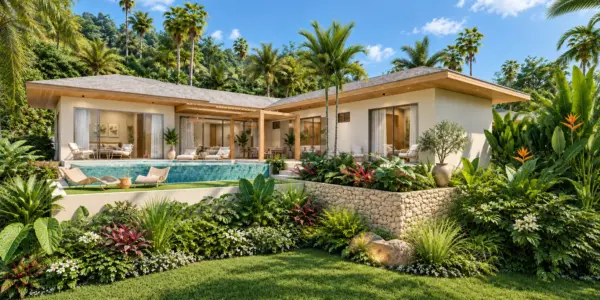 Architectural render of the villa exterior, garden and pool in Bo Phut, Koh Samui