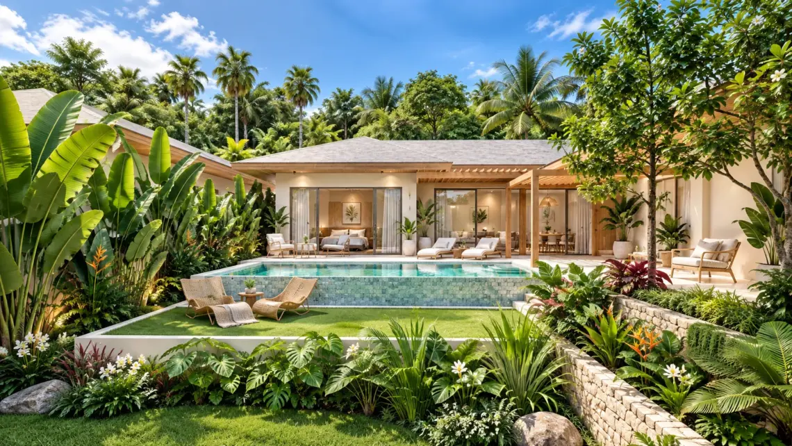 Architectural render of the garden and pool front at a proposed 3 bedroom villa in Bo Phut, Koh Samui